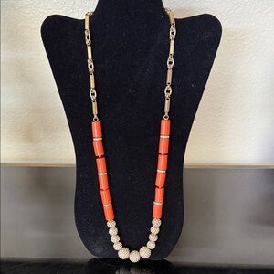 J. Crew Antique Gold-Tone and Orange Beaded Necklace with Rhinestones